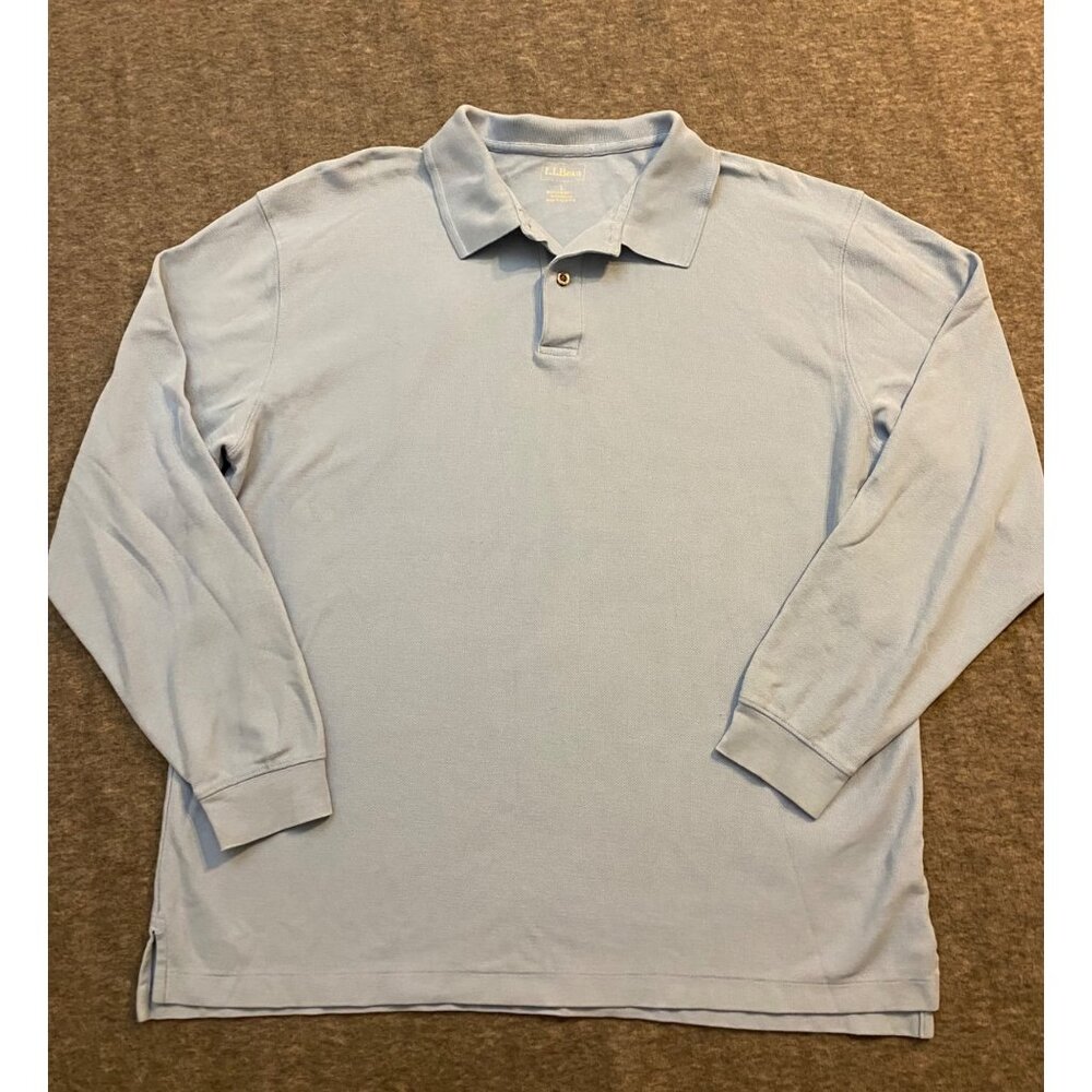 L.L.Bean Mens Long-Sleeve Light Blue Polo Shirt 100% Cotton Size Large Thailand‎